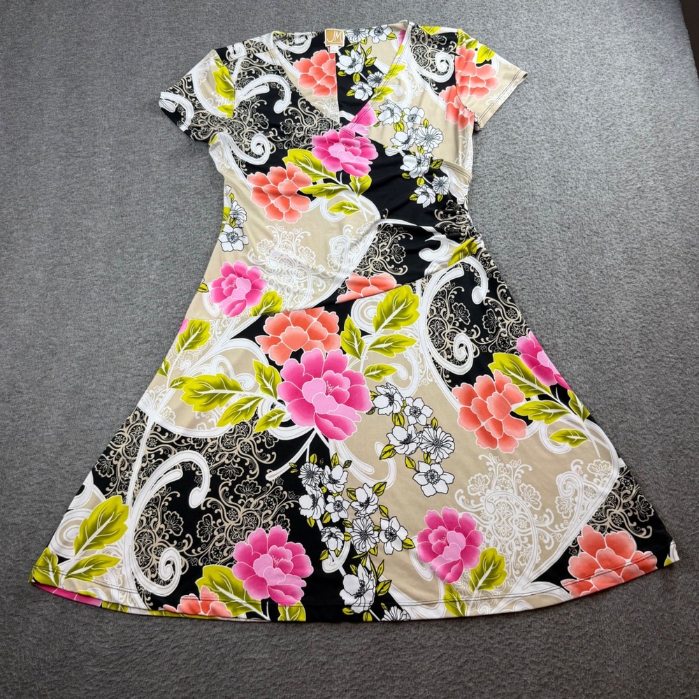 JM Collection Floral Paisley Dress Womens Small Tan Pink Faux Wrap V-Neck A-Line